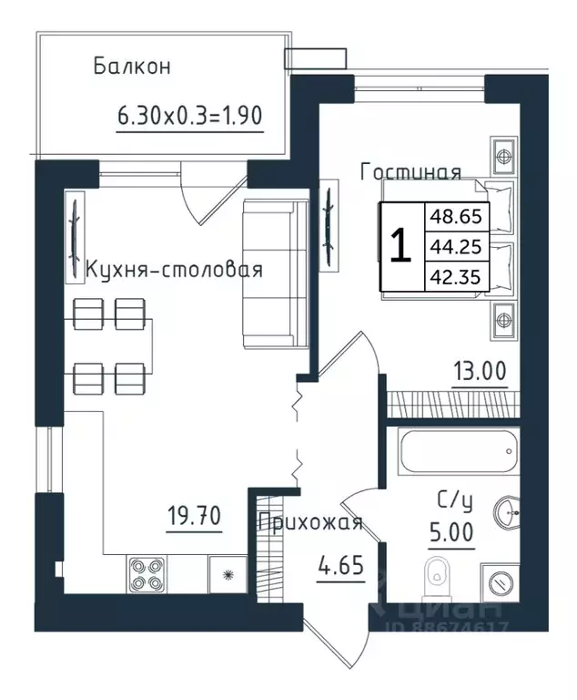 1-к кв. Калининградская область, Янтарный пгт  (48.65 м) - Фото 0