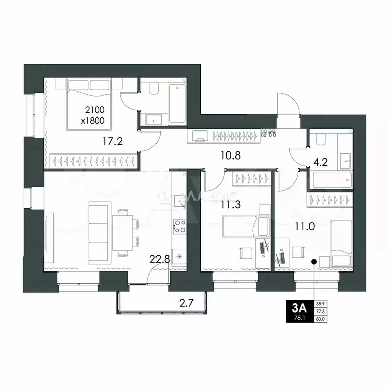 3-к. квартира, 78,1 м, 5/16 эт. - Фото 0