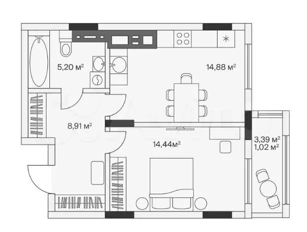 1-к. квартира, 44,4 м, 3/7 эт. - Фото 1