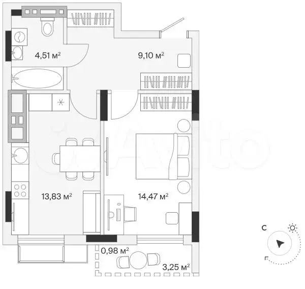 1-к. квартира, 43,1 м, 7/7 эт. - Фото 1