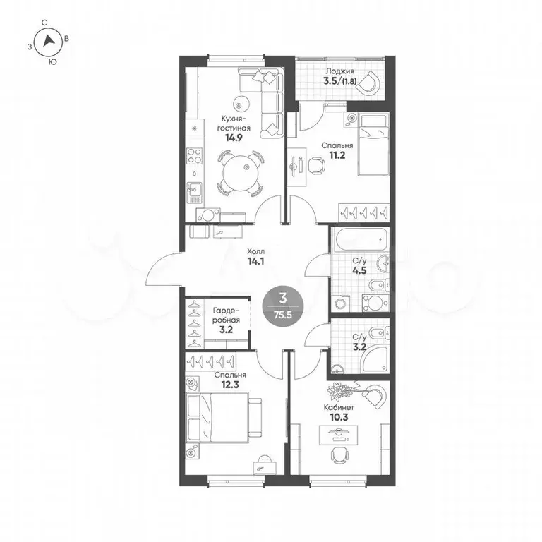 3-к. квартира, 75,5 м, 7/9 эт. - Фото 1