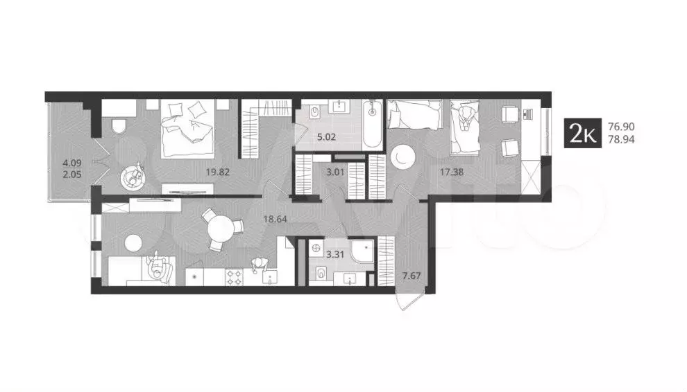 2-к. квартира, 76,9 м, 2/4 эт. - Фото 1