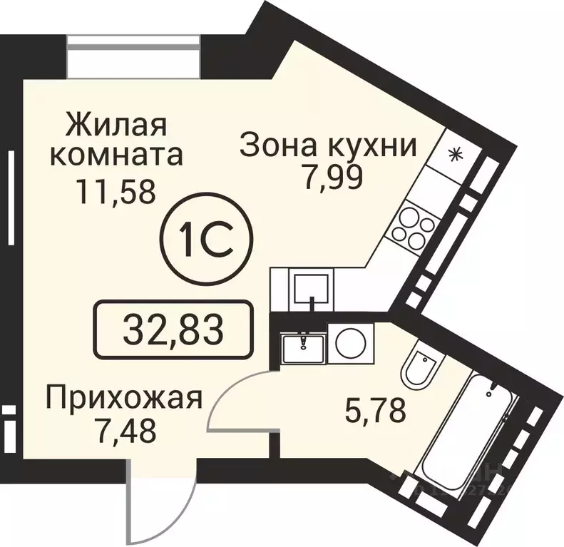 1-к кв. Новосибирская область, Новосибирск Пегас жилой комплекс (32.83 ... - Фото 1