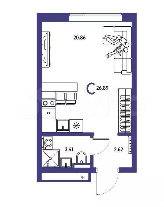 Квартира-студия, 26,9 м, 2/20 эт. - Фото 1