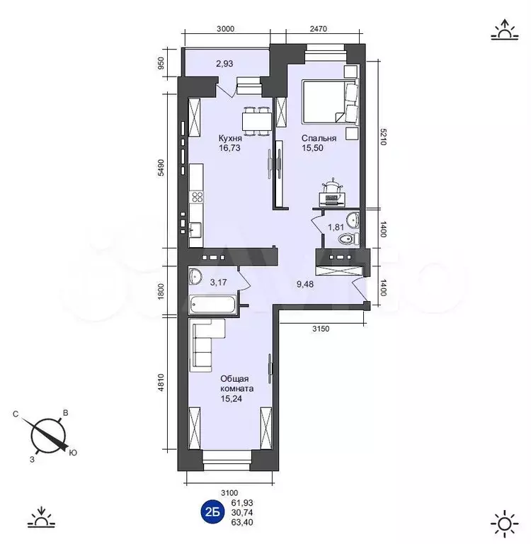 2-к. квартира, 63,4 м, 2/8 эт. - Фото 1