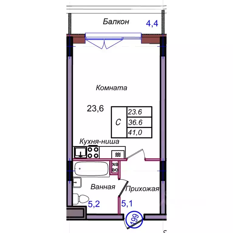 Студия Калининградская область, Светлогорск Балтийская ул. (38.3 м) - Фото 1