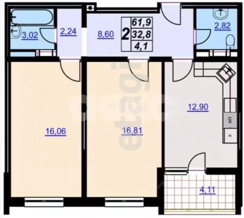 2-к кв. Краснодарский край, Анапа ул. Лермонтова, 118 (66.56 м) - Фото 2