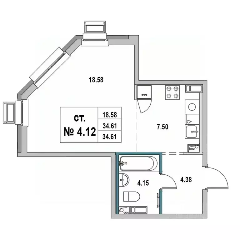 Студия Ленинградская область, Выборг ул. 2-я Южная, 4 (34.61 м) - Фото 0