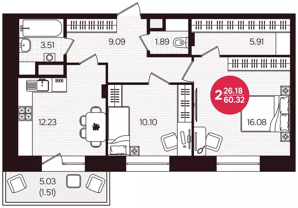 2-к кв. Чувашия, Чебоксары Фруктовая ул., поз1 (60.32 м) - Фото 2