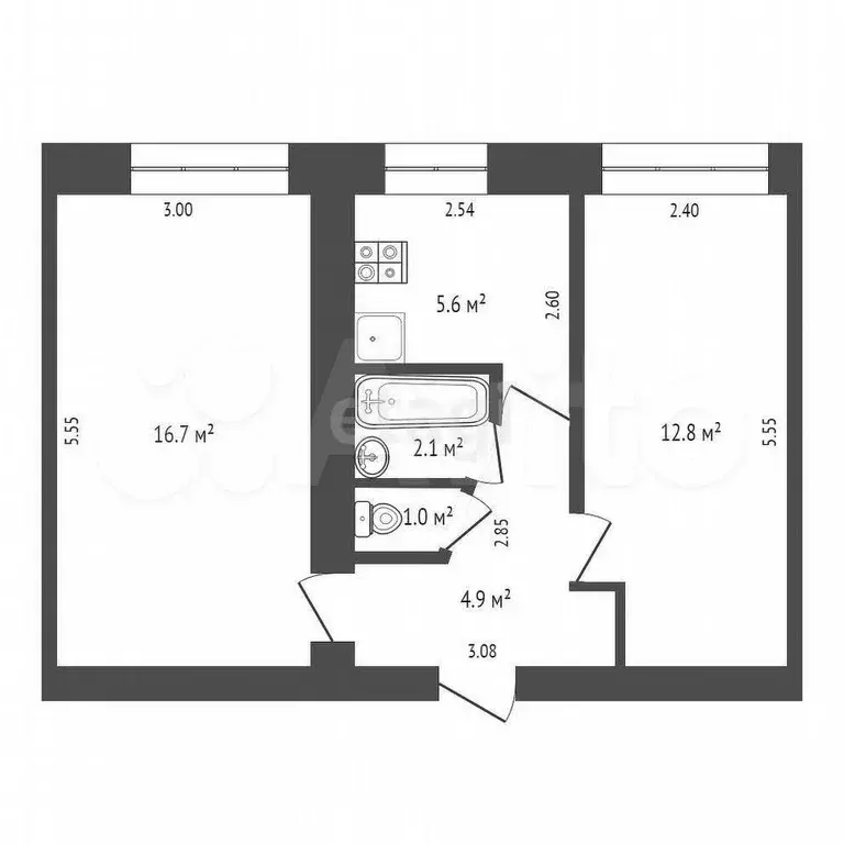 2-к. квартира, 43,1 м, 1/5 эт. - Фото 0