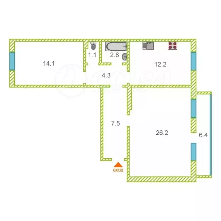 Квартира-студия: Тюмень, Полевая улица, 12А (68 м) - Фото 2