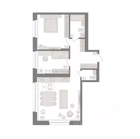2-к кв. Башкортостан, Уфа 563-й кв-л,  (74.0 м) - Фото 1