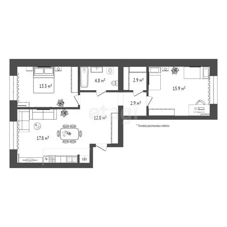 2-комнатная квартира: Тюмень, улица Республики, 204к11 (69.6 м) - Фото 0