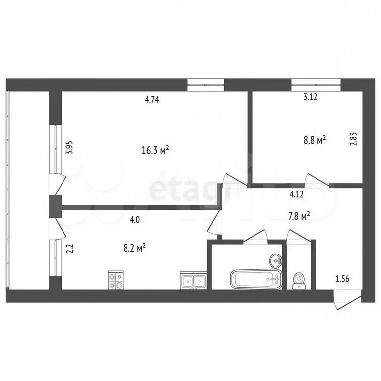 2-к. квартира, 43,7 м, 2/2 эт. - Фото 0