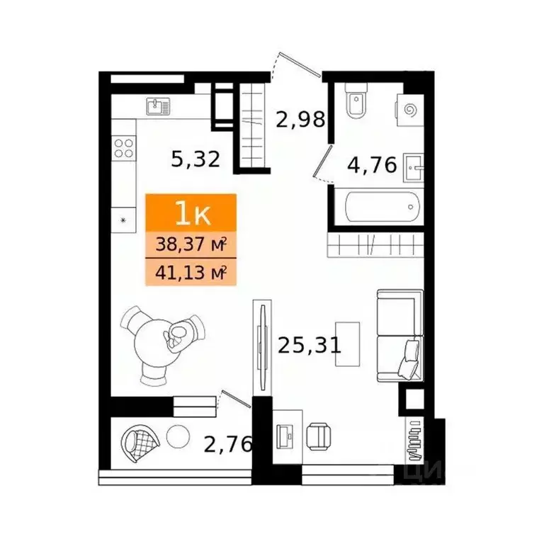 1-к кв. Курганская область, Курган просп. Конституции (41.13 м) - Фото 2