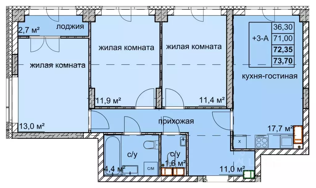 3-к кв. Нижегородская область, Нижний Новгород ул. Дружаева, 30 (72.35 ... - Фото 0