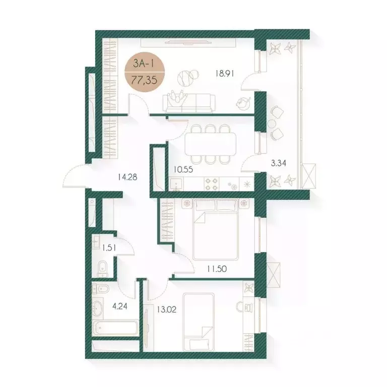 3-к кв. Татарстан, Казань Родины мкр, Наследие жилой комплекс (77.35 ... - Фото 1