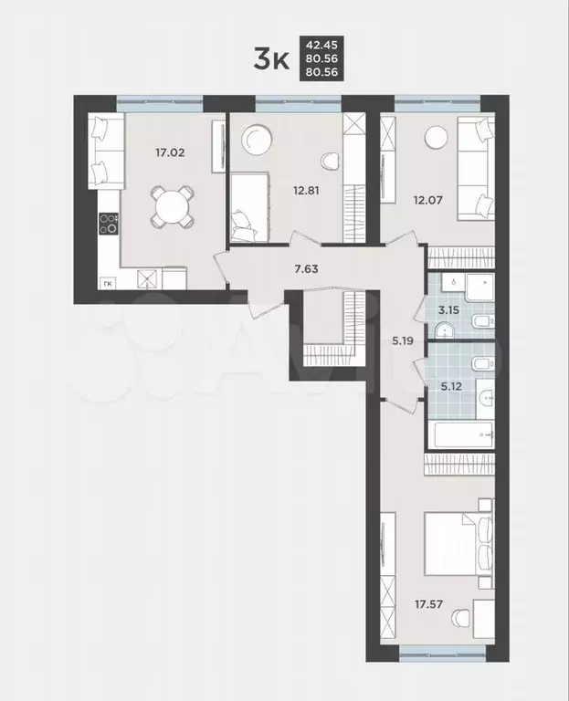 3-к. квартира, 80,6 м, 1/9 эт. - Фото 1