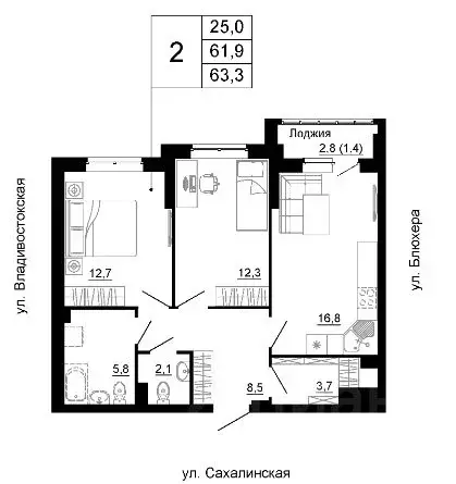 2-к кв. Свердловская область, Екатеринбург ул. Кронштадтская (63.3 м) - Фото 1