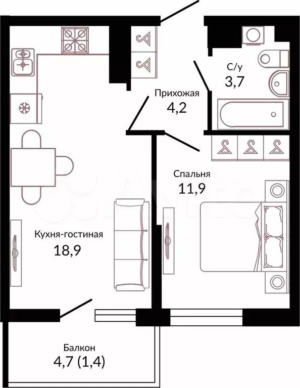 1-к. квартира, 41,5 м, 4/22 эт. - Фото 0