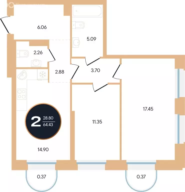 2-комнатная квартира: Уфа, улица Рихарда Зорге, 73/1 (64.6 м) - Фото 0