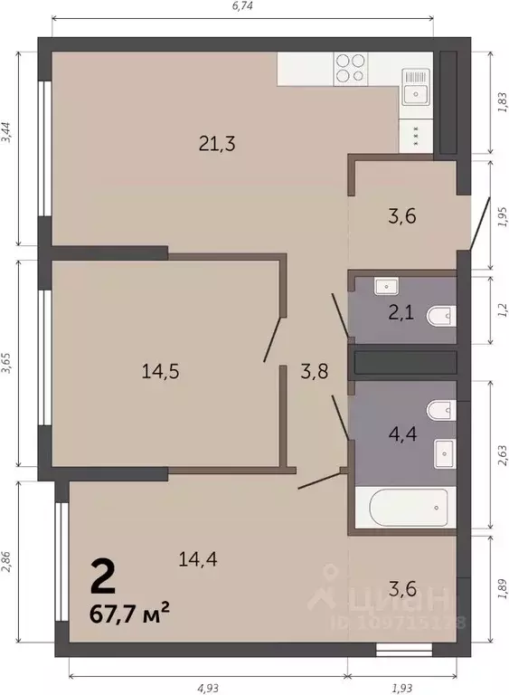 2-к кв. Свердловская область, Екатеринбург Южный жилрайон,  (67.7 м) - Фото 1