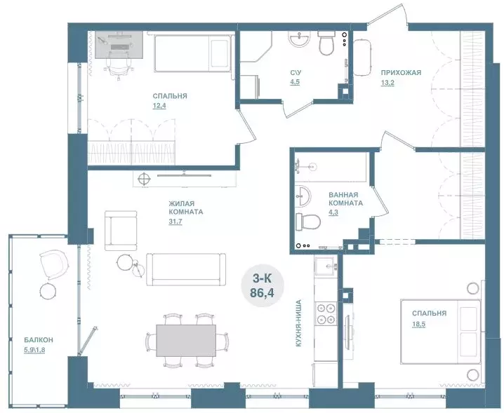 2-комнатная квартира: Красноярск, Свердловская улица, 6Е (86.4 м) - Фото 1