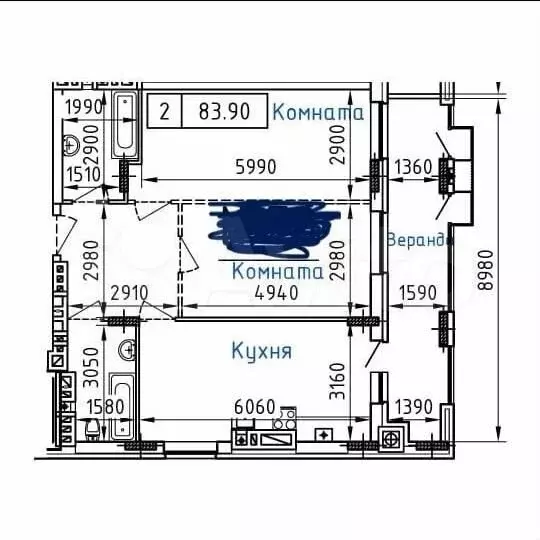 2-к. квартира, 84 м, 4/9 эт. - Фото 0