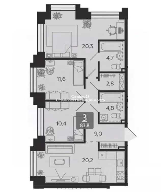 3-к кв. Москва наб. Марка Шагала, 11к2 (83.0 м) - Фото 1