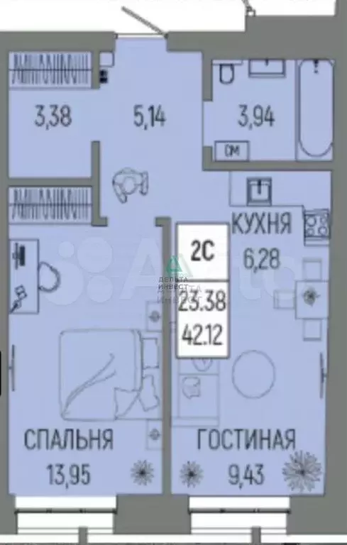 2-к. квартира, 42,1 м, 5/14 эт. - Фото 0