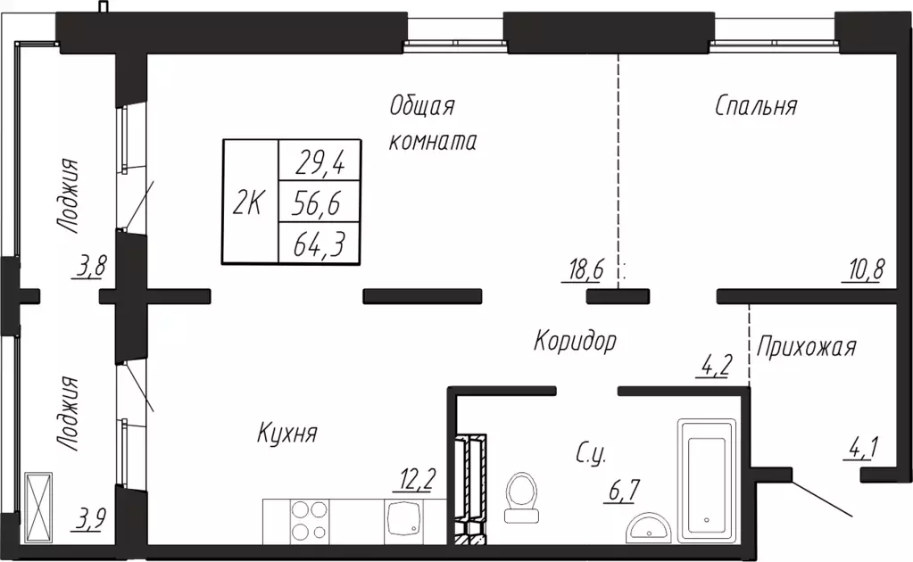 2-к квартира, 64.3 м - Фото 0