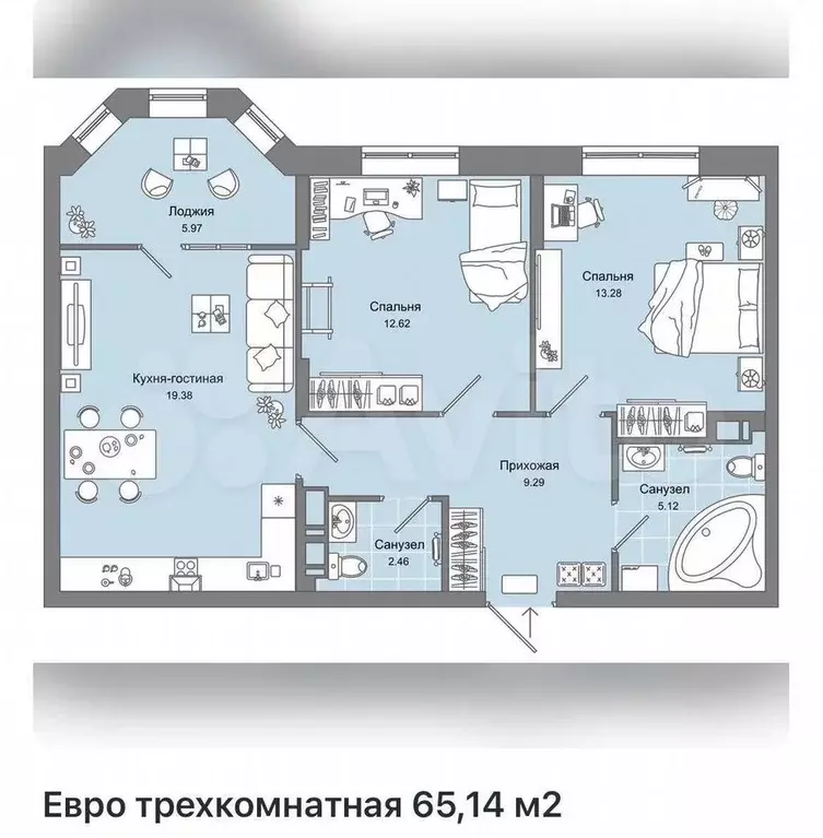 3-к. квартира, 65,1 м, 14/17 эт. - Фото 0
