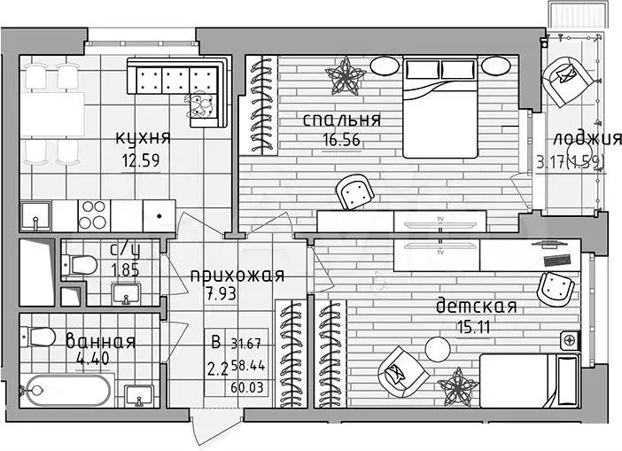 2-к. квартира, 60,5м, 23/23эт. - Фото 1