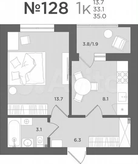 1-к. квартира, 33,1м, 5/7эт. - Фото 1