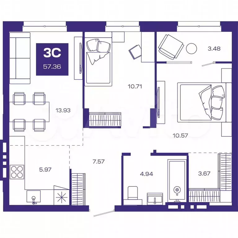 3-к. квартира, 58 м, 6/8 эт. - Фото 0