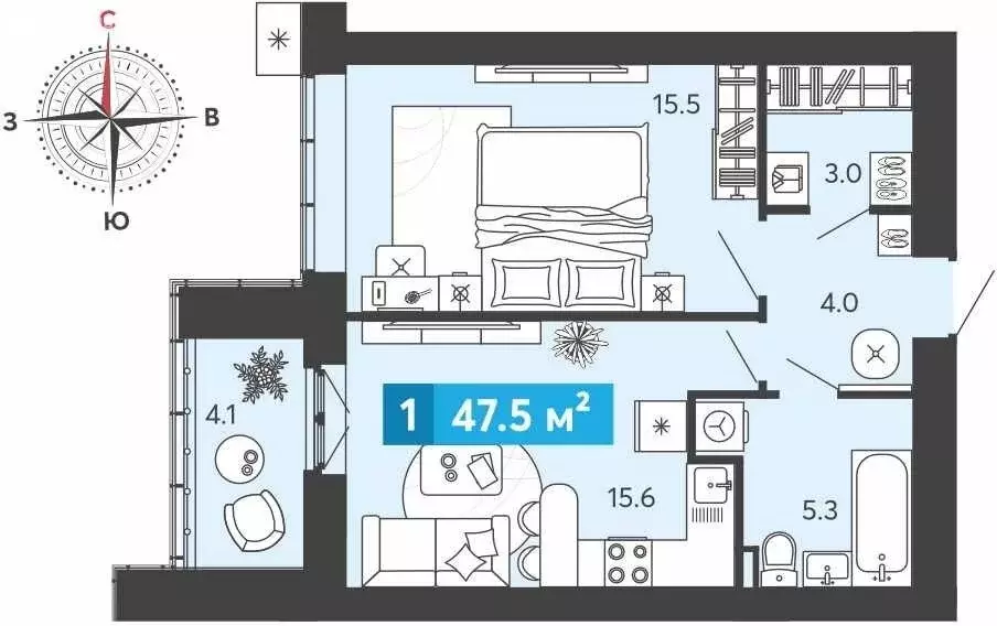 1-комнатная квартира: Засечное, Прибрежный бульвар, 5 (47.5 м) - Фото 1
