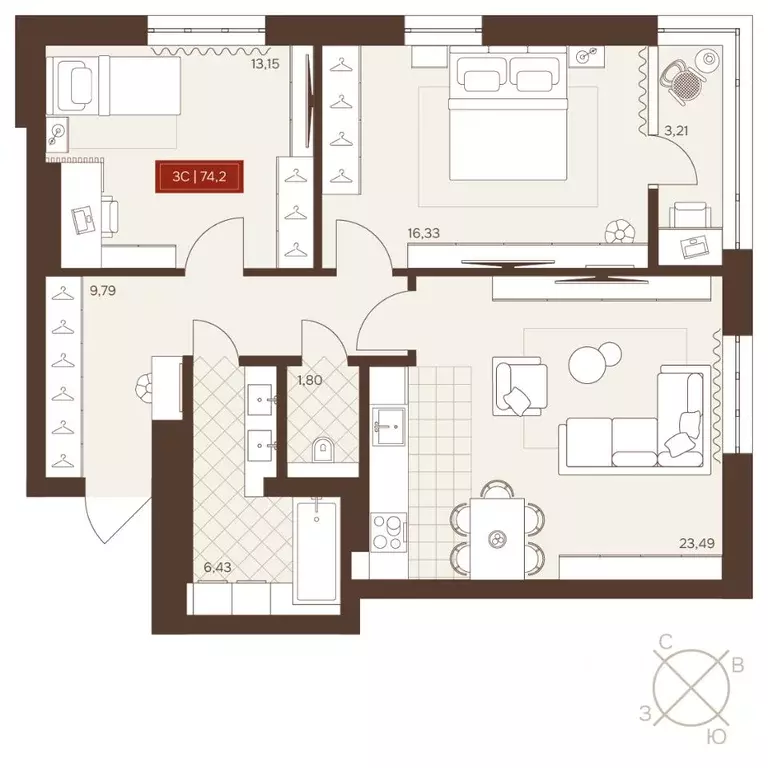 3-к кв. Новосибирская область, Новосибирск Невский жилой комплекс ... - Фото 1