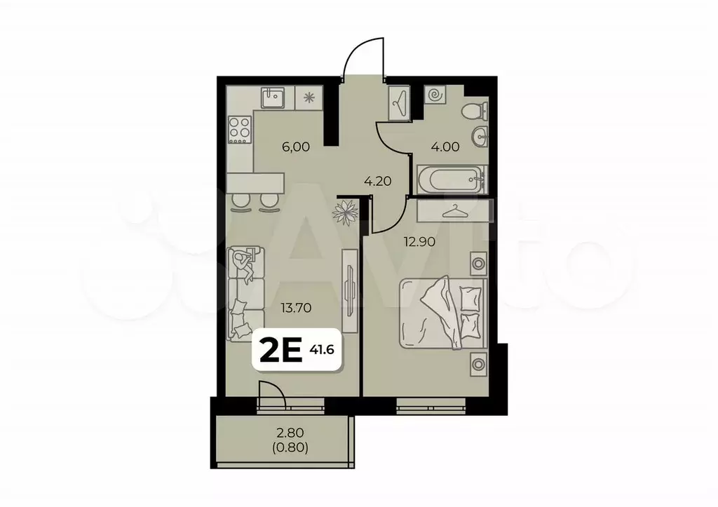 2-к. квартира, 41,6 м, 3/8 эт. - Фото 0