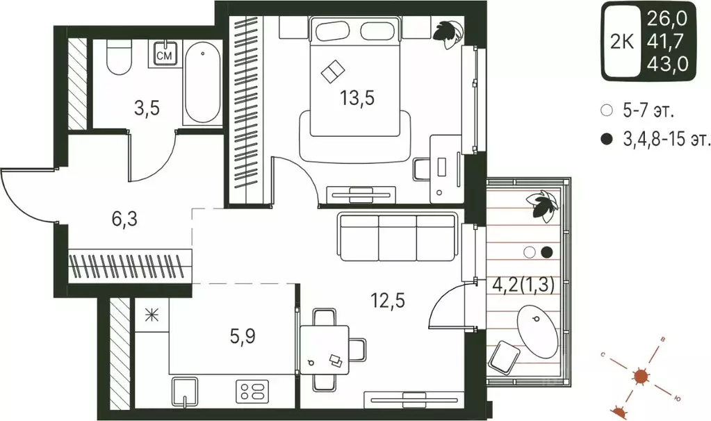 Студия Пермский край, Пермь ул. Серебристая, 1 (43.0 м) - Фото 1
