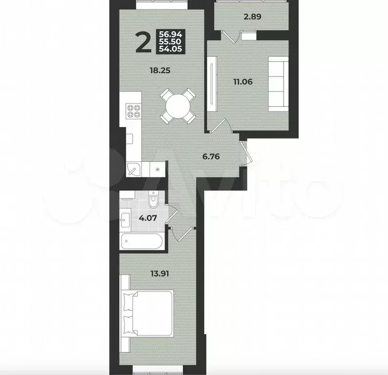 2-к. квартира, 56,9 м, 8/9 эт. - Фото 1
