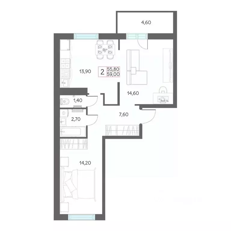 2-к кв. Тюменская область, Тобольск 7А мкр, 29 (59.0 м) - Фото 1