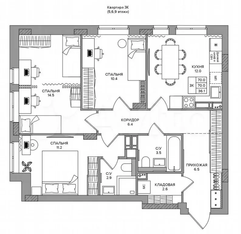 3-к. квартира, 70м, 6/9эт. - Фото 0