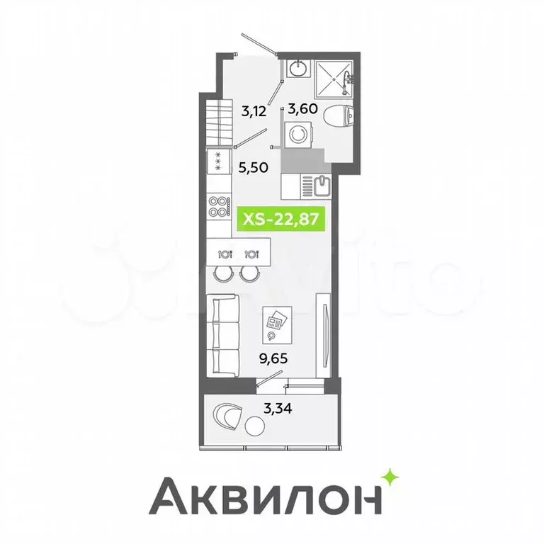 Квартира-студия, 22,9м, 6/12эт. - Фото 0