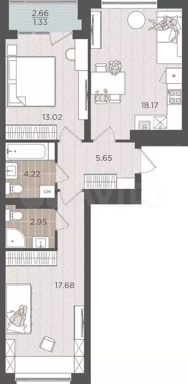 2-к. квартира, 63 м, 3/9 эт. - Фото 1