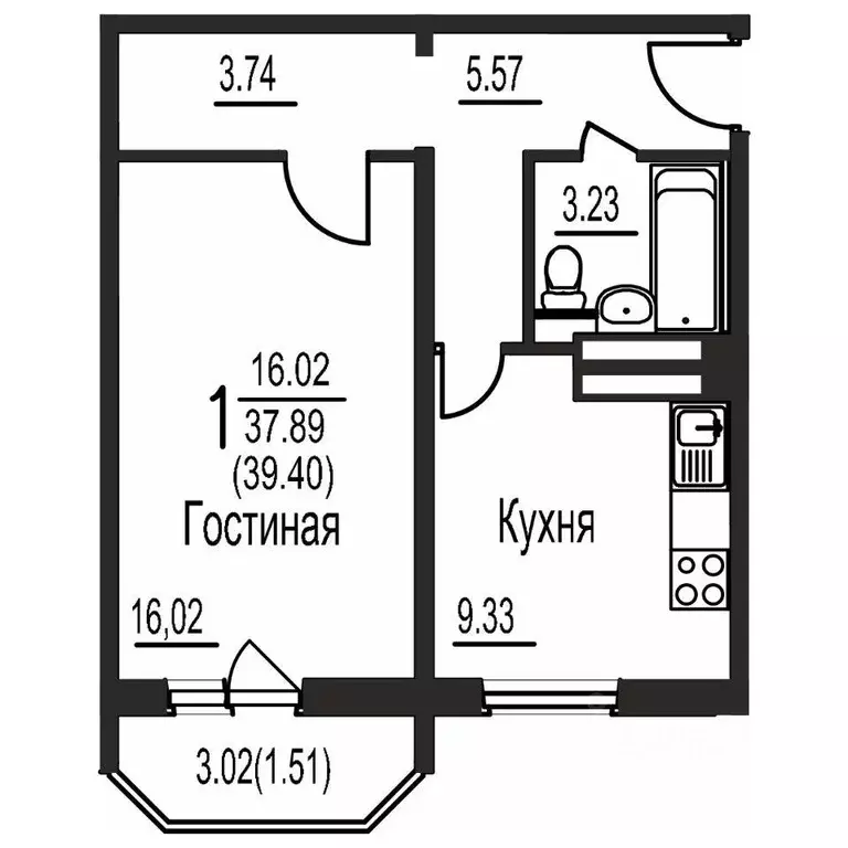 Квартира, 1 комната, 39.4 м - Фото 1