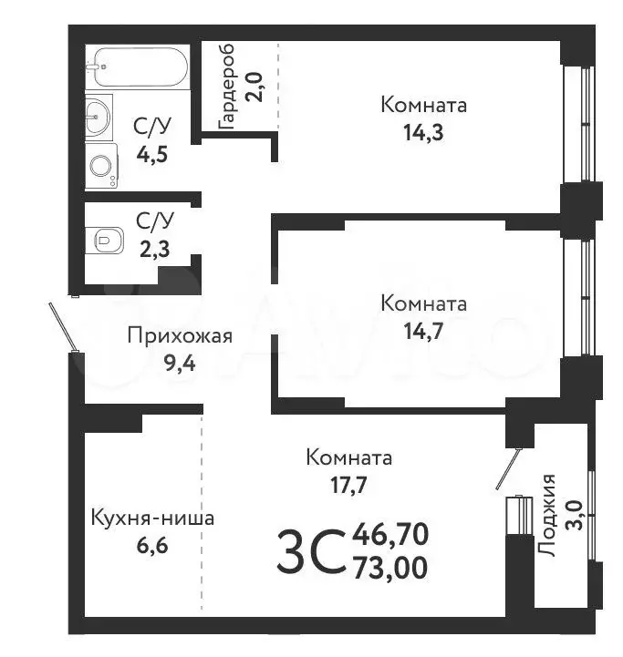 3-к. квартира, 73 м, 3/17 эт. - Фото 0