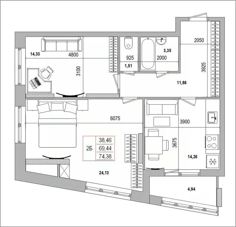 2-к кв. Белгородская область, Белгород Славянская ул. (74.38 м) - Фото 0