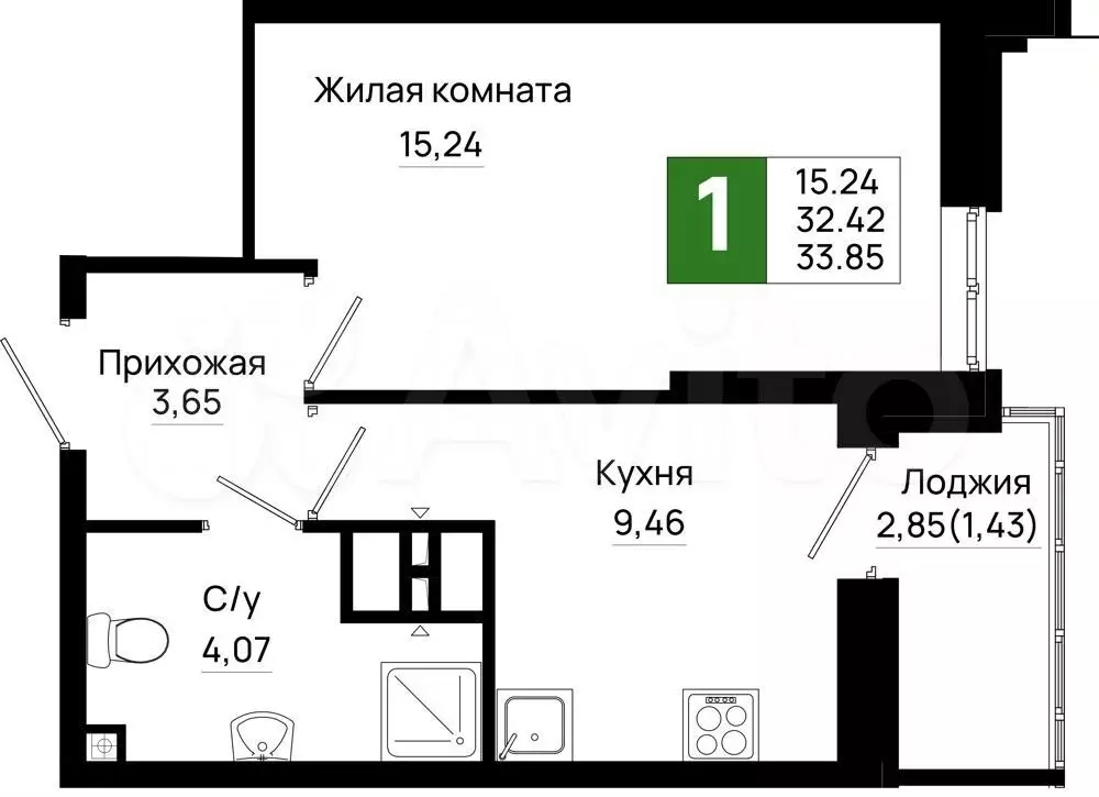 1-к. квартира, 33,9 м, 4/25 эт. - Фото 1