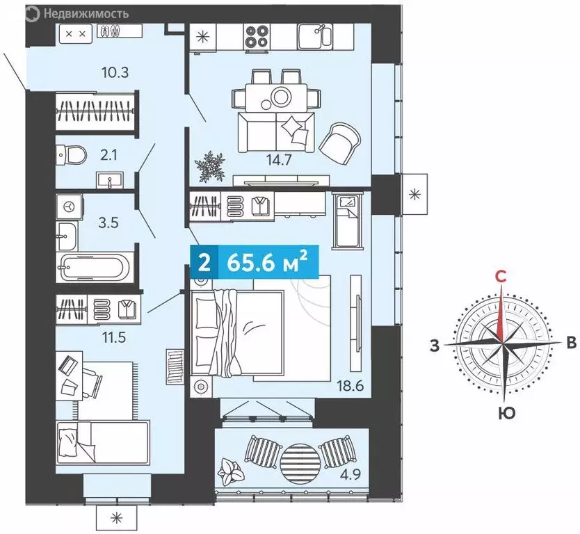 2-комнатная квартира: Засечное, микрорайон Город Спутник (65.6 м) - Фото 1