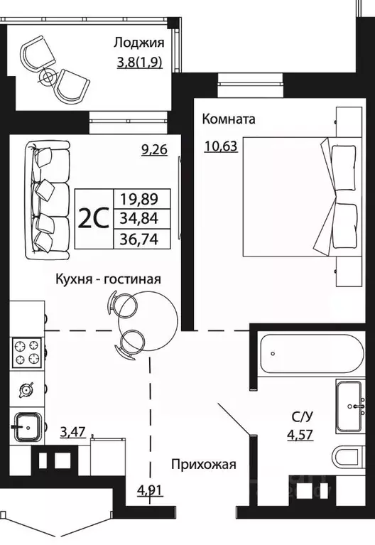 2-к кв. Ростовская область, Ростов-на-Дону ул. Текучева, 370/2 (36.74 ... - Фото 0